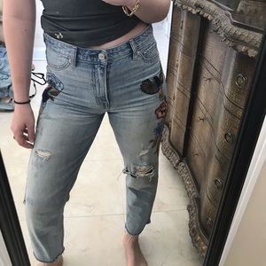 Abercrombie embroidered ripped mom jeans